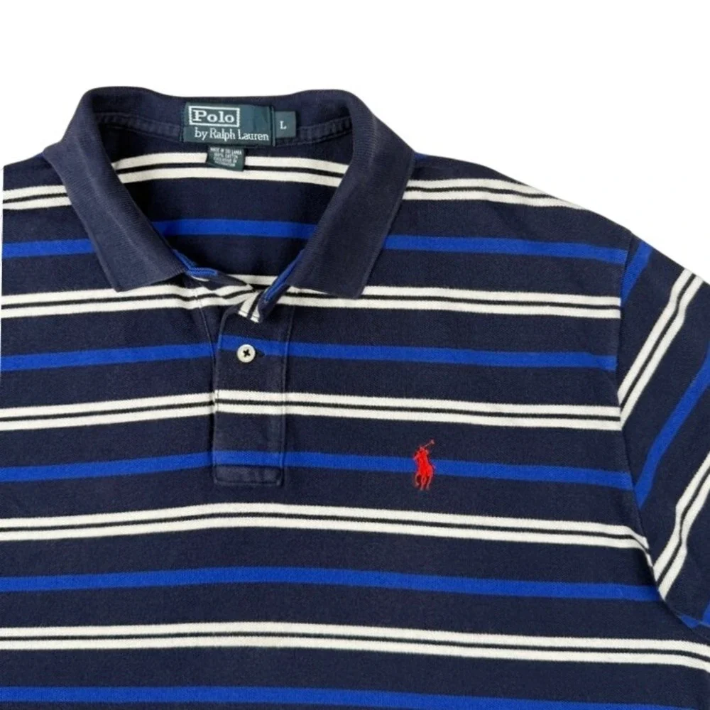 Polo Ralph Lauren Navy Blue Striped Short Sleeve Cotton Polo Shirt Mens Large